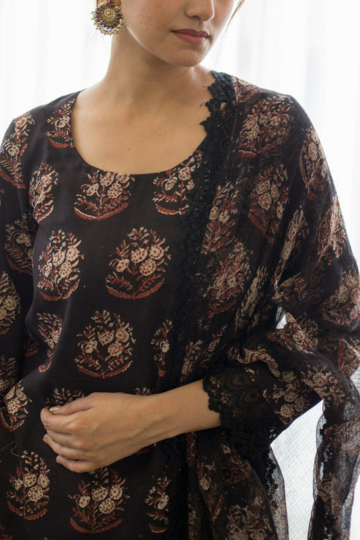 Jasmine Black Cotton Straight Kurta Set With Doriya Dupatta