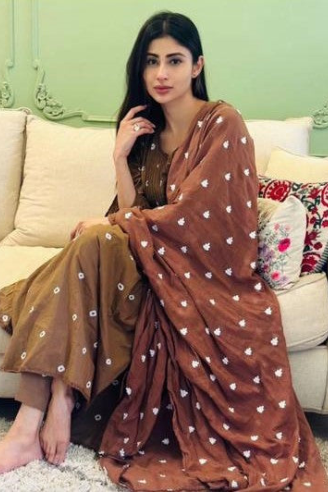 Tie Die Bhandani Cotton Ada Brown Mudal Kurta Set With Doriya Dupatta