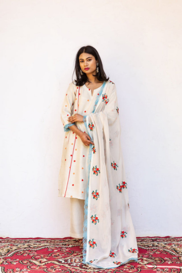 Muslin Amaira White Straight Kurta Set With Organza Dupatta