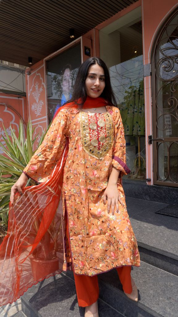 Kayal Orange Embroidery Straight Set