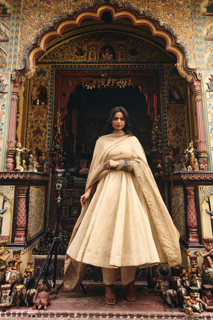 Zeenat White Golden Anarkali Set