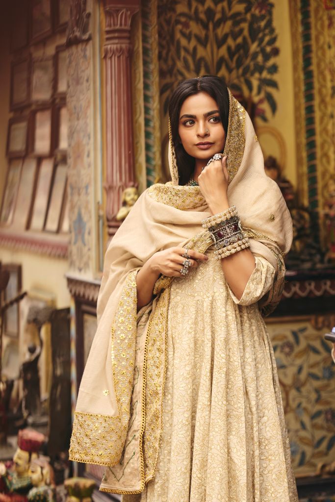 Zeenat White Golden Anarkali Set