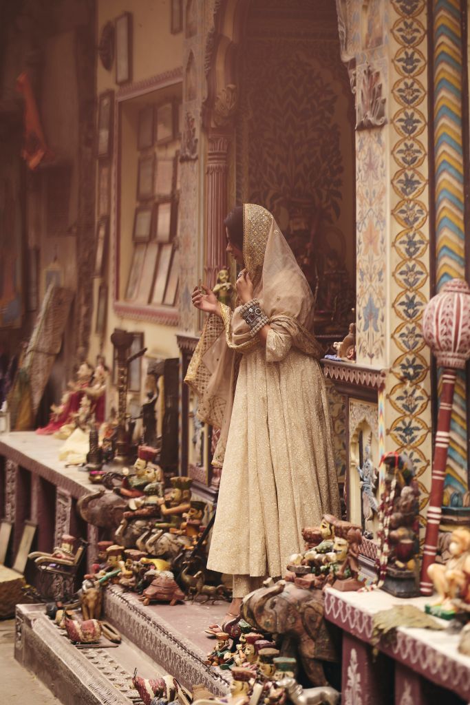 Zeenat White Golden Anarkali Set