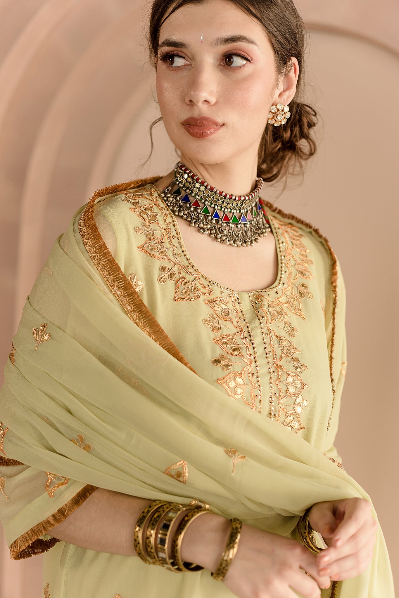 Shama Pista Georgette Straight Kurta Set With Gota Patti Detailing