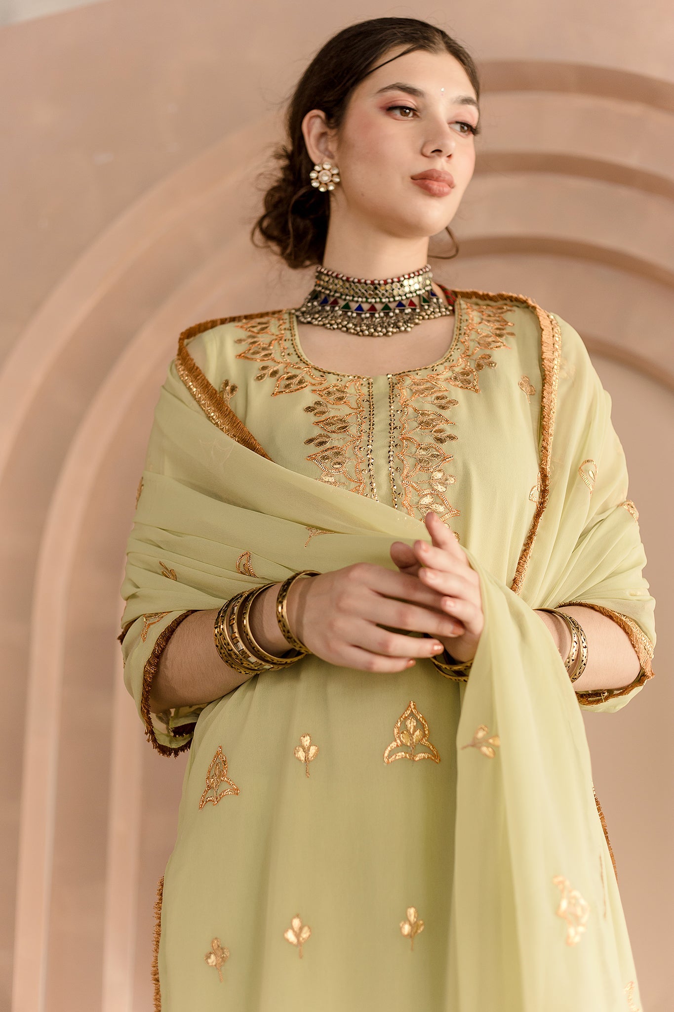 Shama Pista Georgette Straight Kurta Set With Gota Patti Detailing