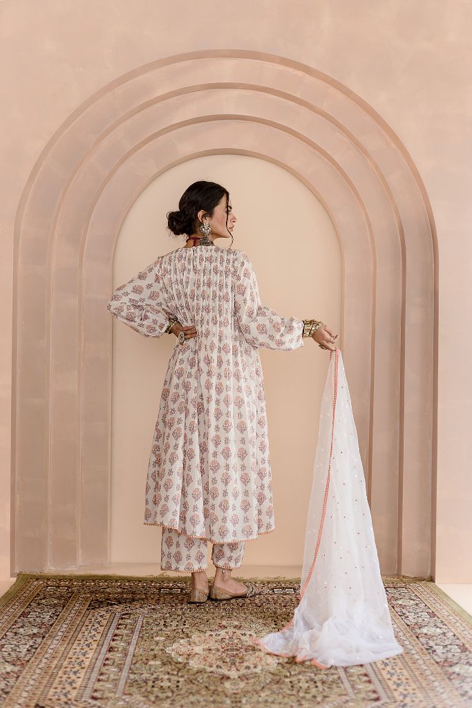 Shriya White Cotton Kurta Set With Organza Dupatta