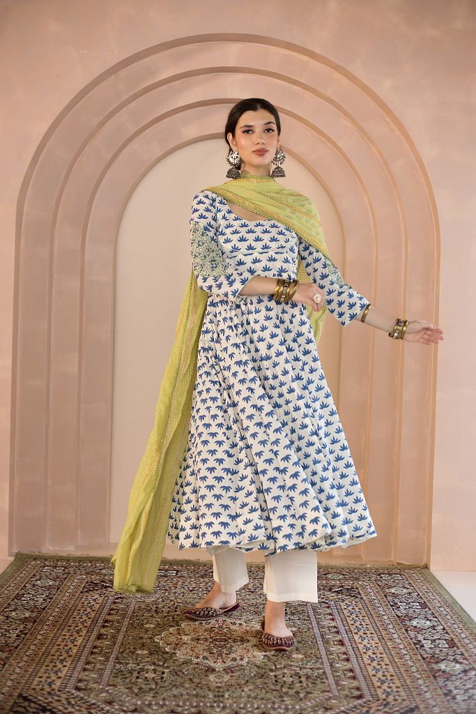 Shubha Cotton White Anarkali Set With Thread Detailed Sleeves And Doriya Dupatta