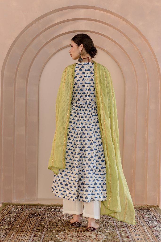 Shubha Cotton White Anarkali Set With Thread Detailed Sleeves And Doriya Dupatta