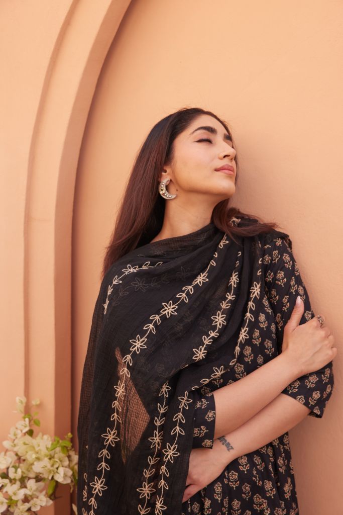 Bagru Black Anarkali Set