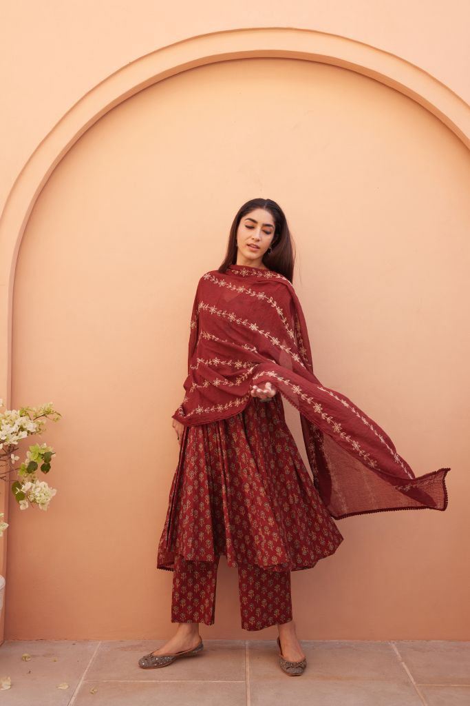 Bagru Red Anarkali Set