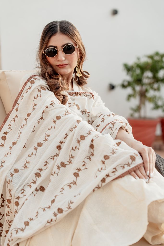Mira Offwhite Anarkali With Brown Embroidery Dupatta