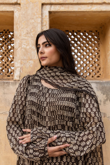 Kashmiri Faren Abaya Black Voil Kurta Set With Dupatta