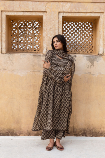 Kashmiri Faren Abaya Black Voil Kurta Set With Dupatta