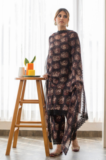 Jasmine Black Cotton Straight Kurta Set With Doriya Dupatta