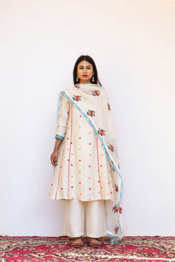 Muslin Amaira White Straight Kurta Set With Organza Dupatta