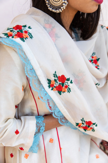 Muslin Amaira White Straight Kurta Set With Organza Dupatta