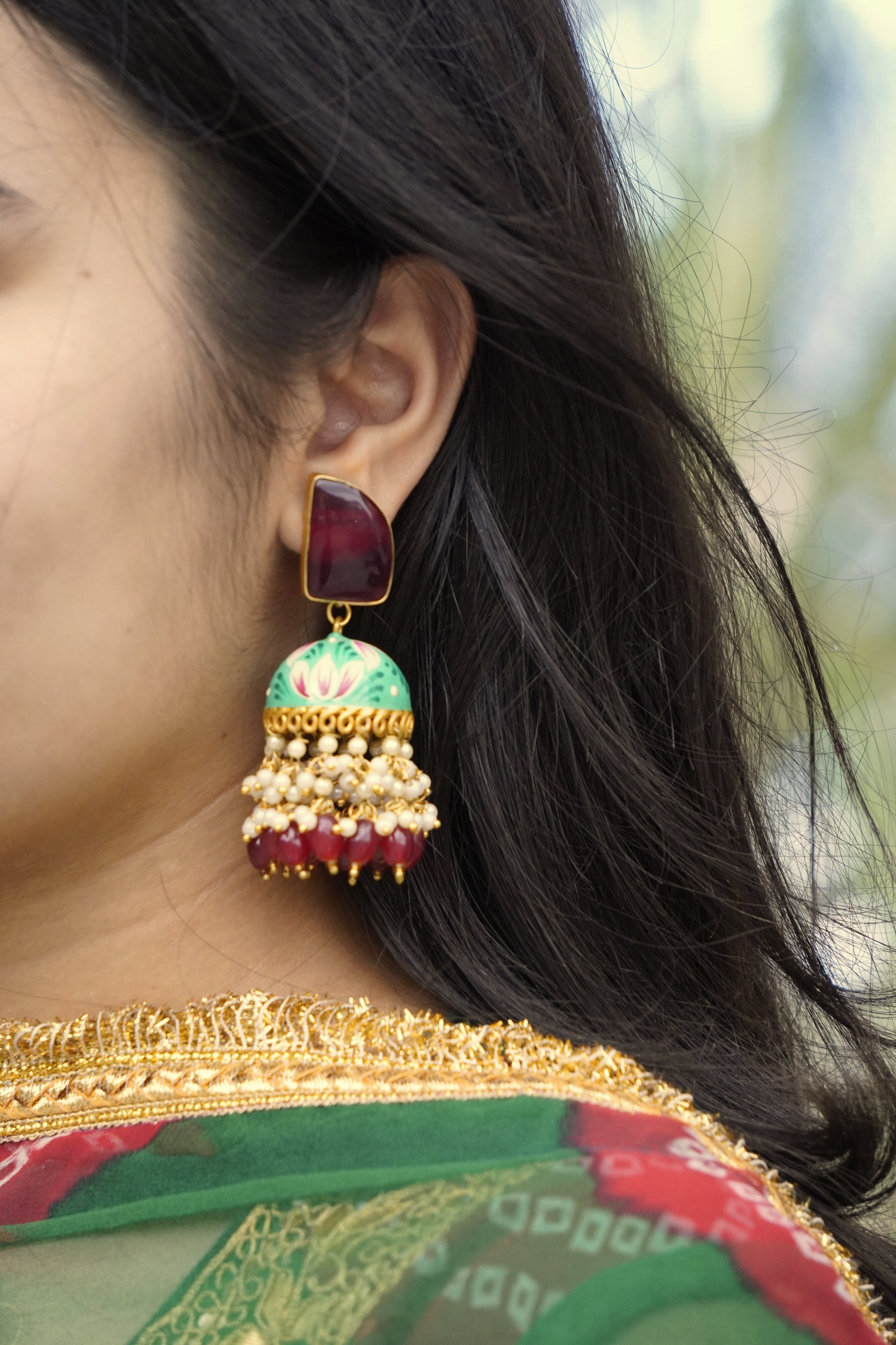 Maroon Green Jhumki Earring