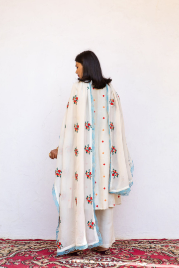 Muslin Amaira White Straight Kurta Set With Organza Dupatta