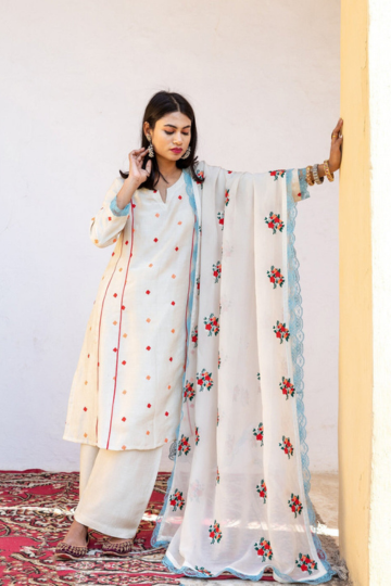 Muslin Amaira White Straight Kurta Set With Organza Dupatta