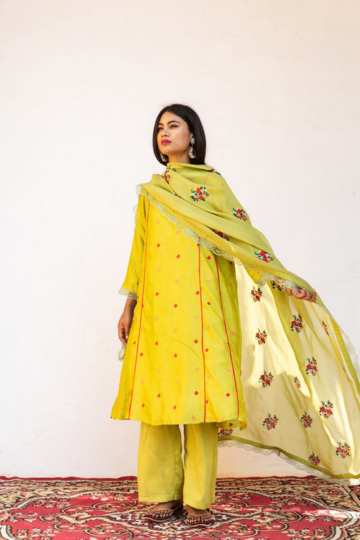 Muslin Amaira Green Straight Kurta Set With Organza Dupatta