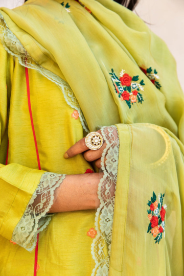 Muslin Amaira Green Straight Kurta Set With Organza Dupatta