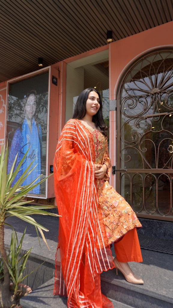 Kayal Orange Embroidery Straight Set