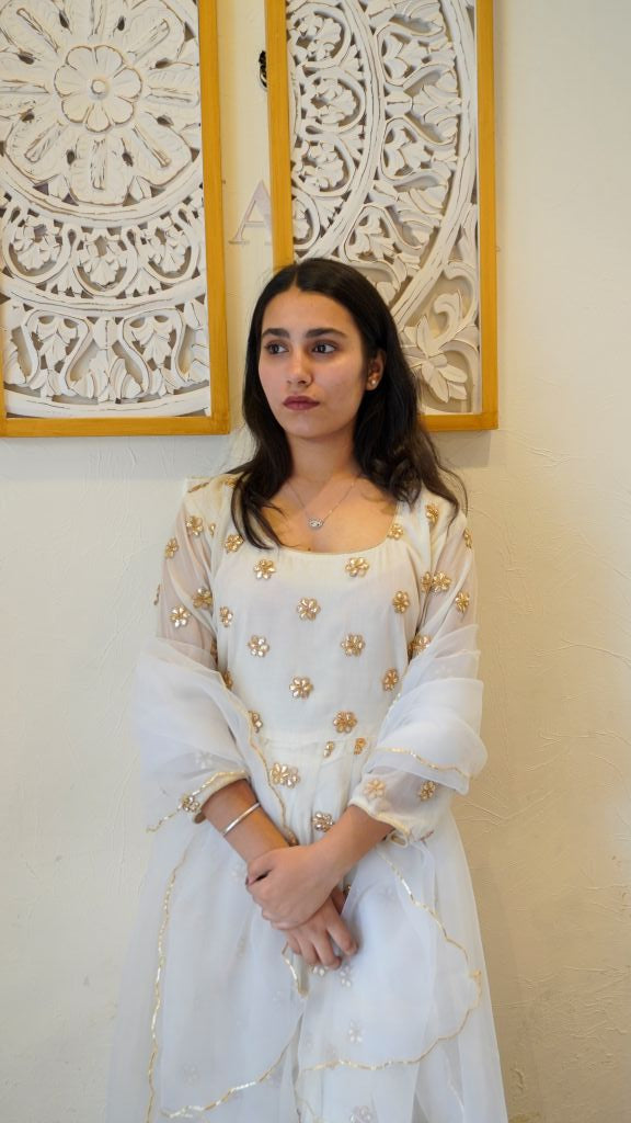 White Golden Butti Georgette Anarkali