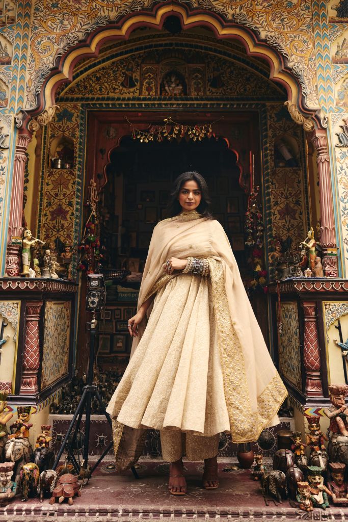 Zeenat White Golden Anarkali Set