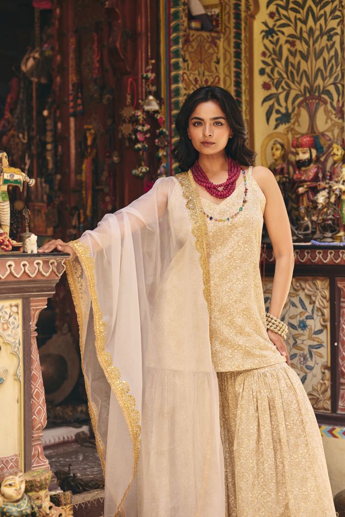 Leela White Golden Sharara Set