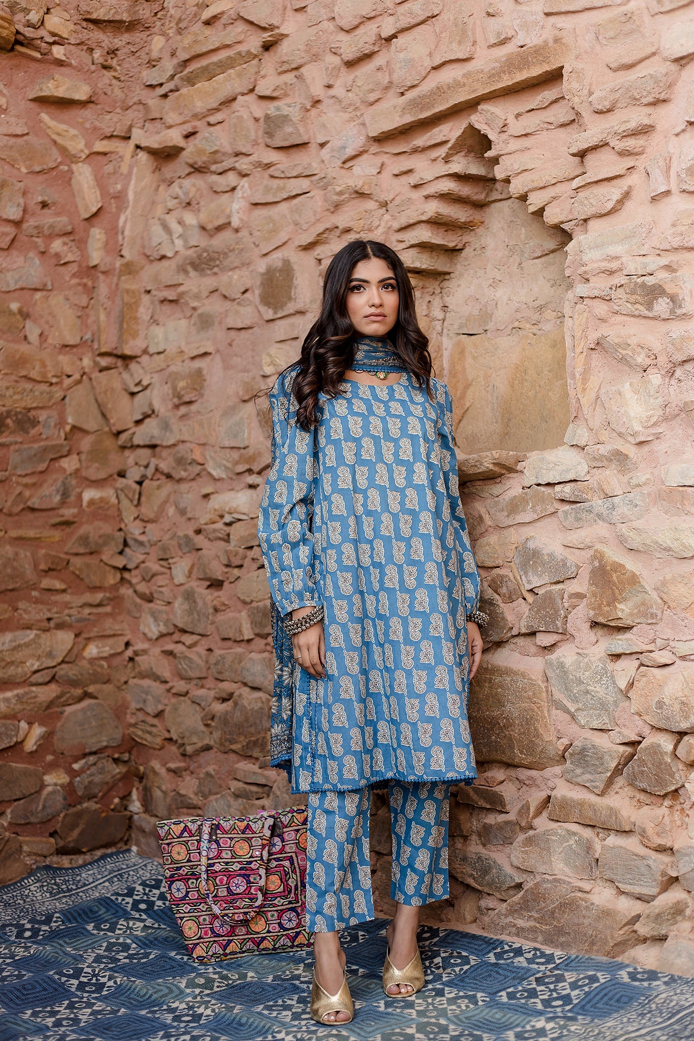 Kayal Blue Kurta Set With Voil Dupatta