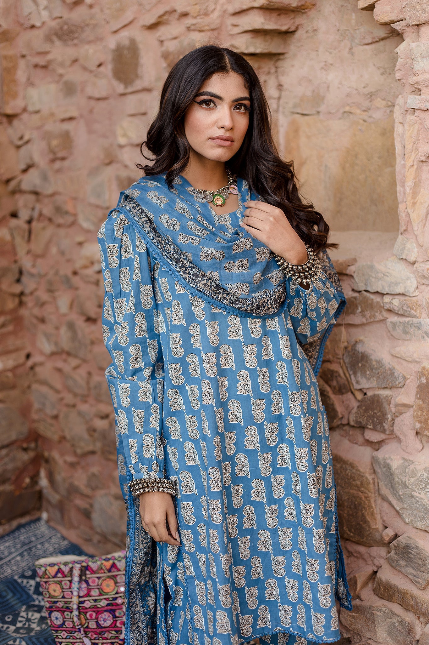 Kayal Blue Kurta Set With Voil Dupatta