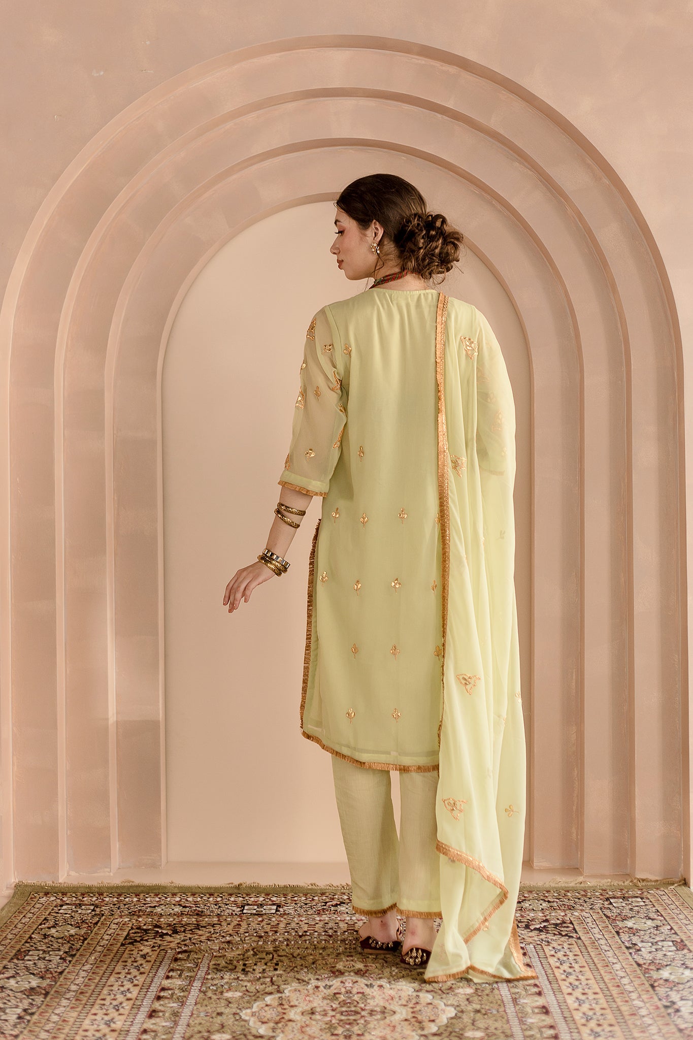 Shama Pista Georgette Straight Kurta Set With Gota Patti Detailing