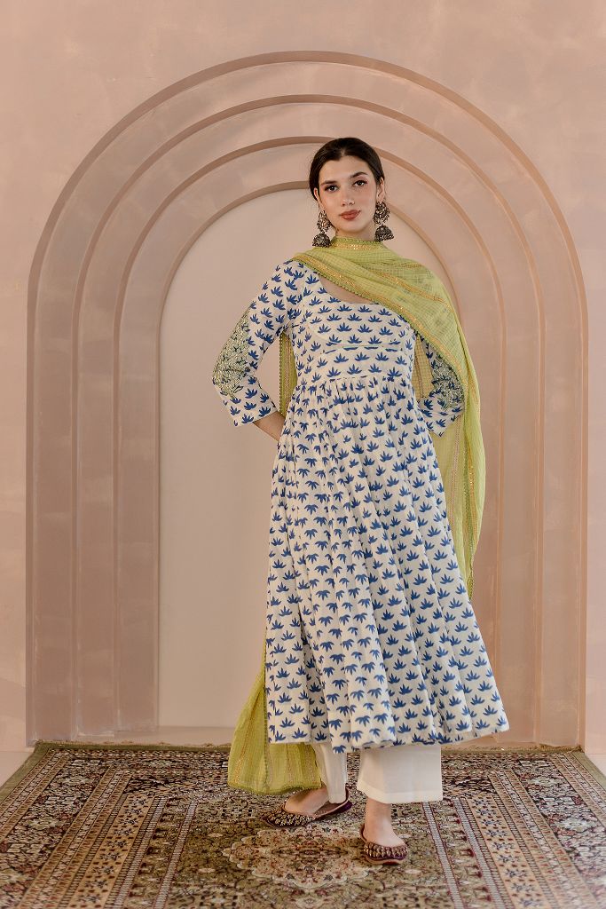 Shubha Cotton White Anarkali Set With Thread Detailed Sleeves And Doriya Dupatta