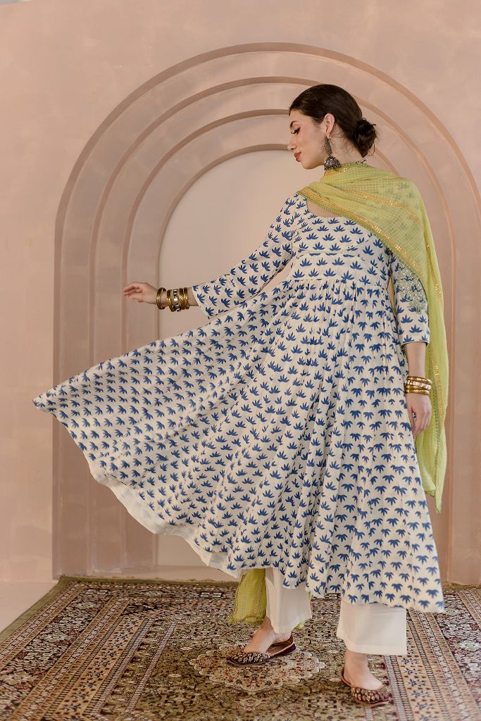 Shubha Cotton White Anarkali Set With Thread Detailed Sleeves And Doriya Dupatta