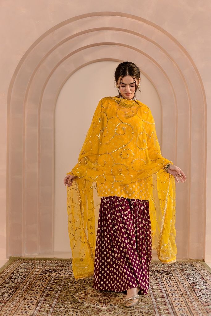 Embroidered Muslin Zeba Set With Sharara And Organza Dupatta