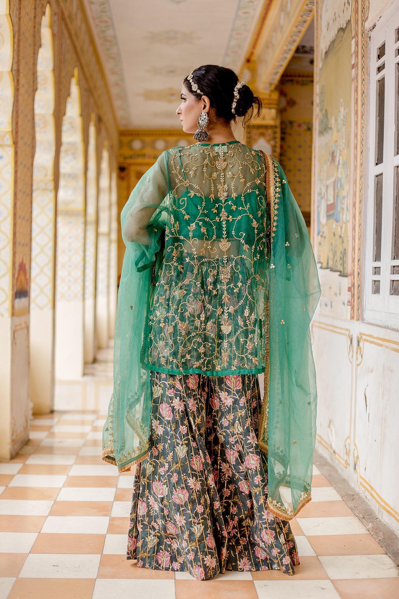 Organza Zardozi Kurta Atefa Cotton Printed Sharara Set With Organza Dupatta