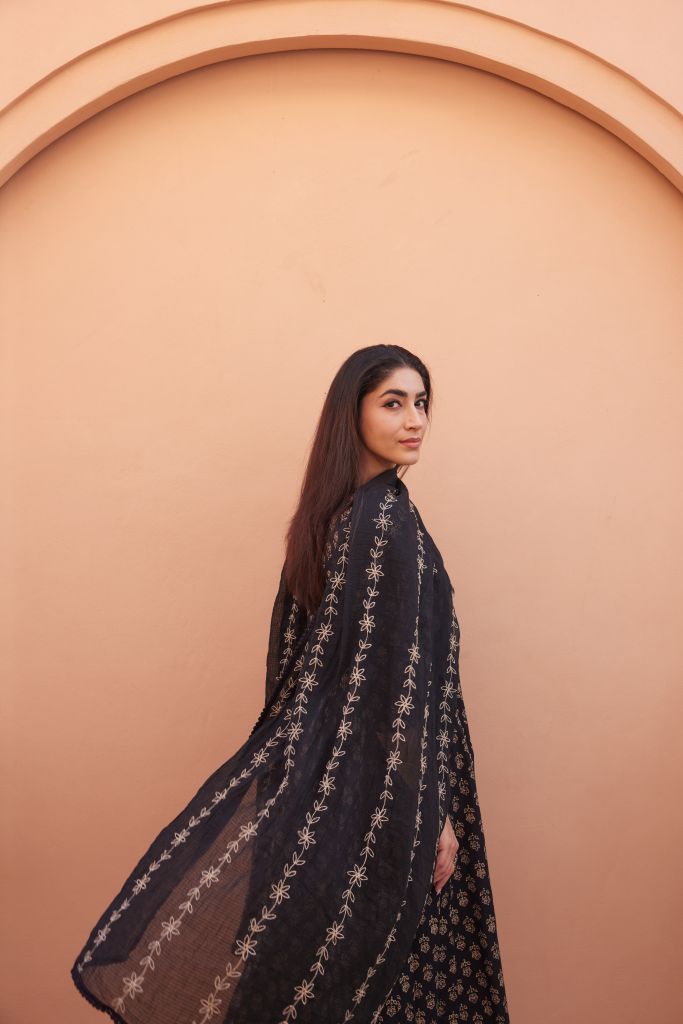 Bagru Black Anarkali Set