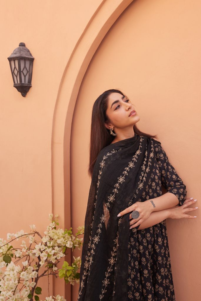Bagru Black Anarkali Set