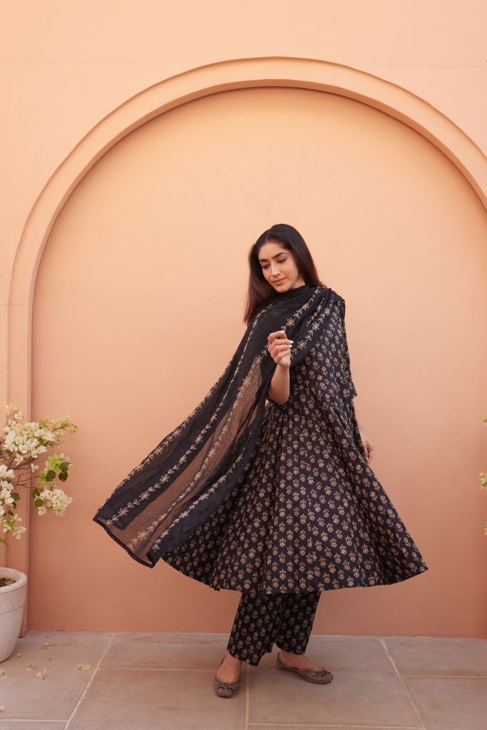Bagru Black Anarkali Set