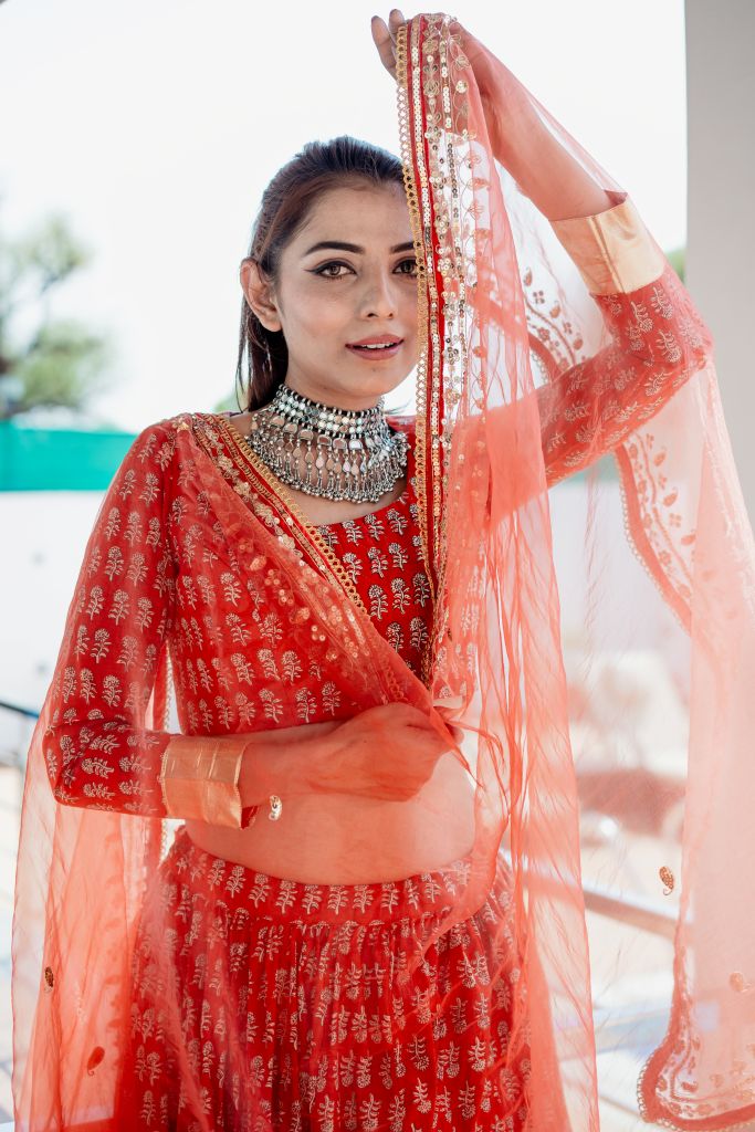 Navya Red Jaal Lehenga Set