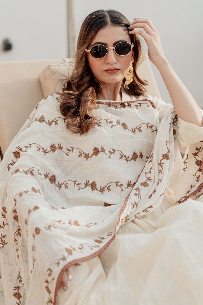 Mira Offwhite Anarkali With Brown Embroidery Dupatta