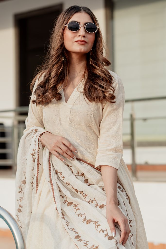 Mira Offwhite Anarkali With Brown Embroidery Dupatta