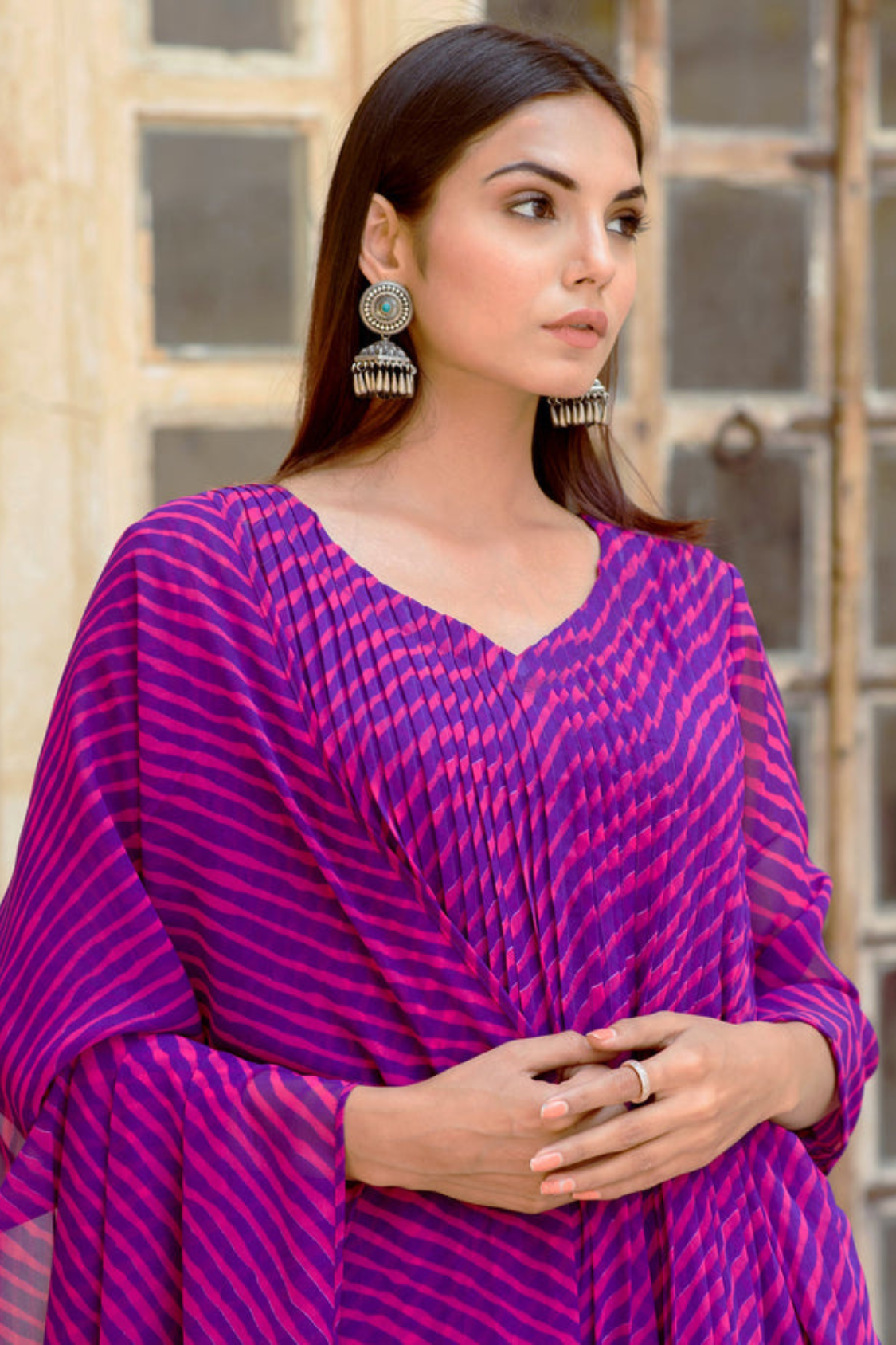 Georgette Rang Purple Leheriya Straight Kurta Set With Dupatta