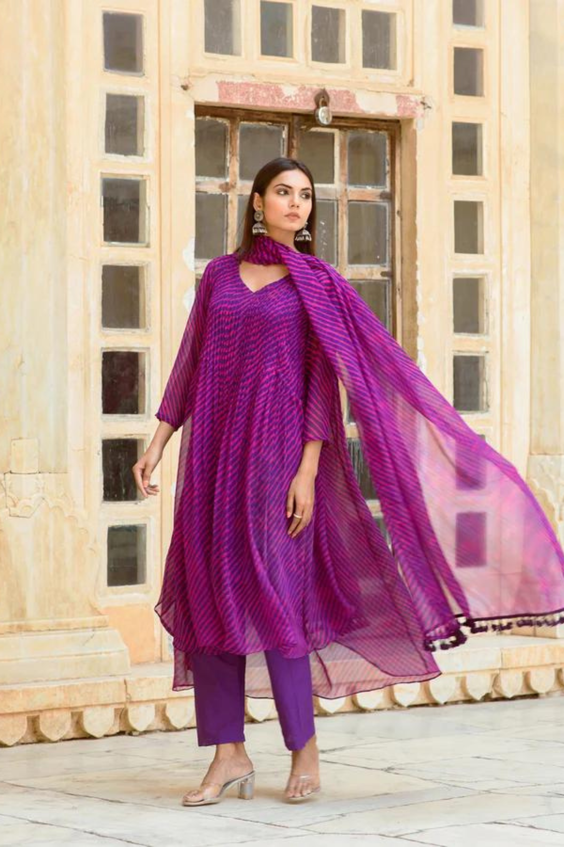 Georgette Rang Purple Leheriya Straight Kurta Set With Dupatta