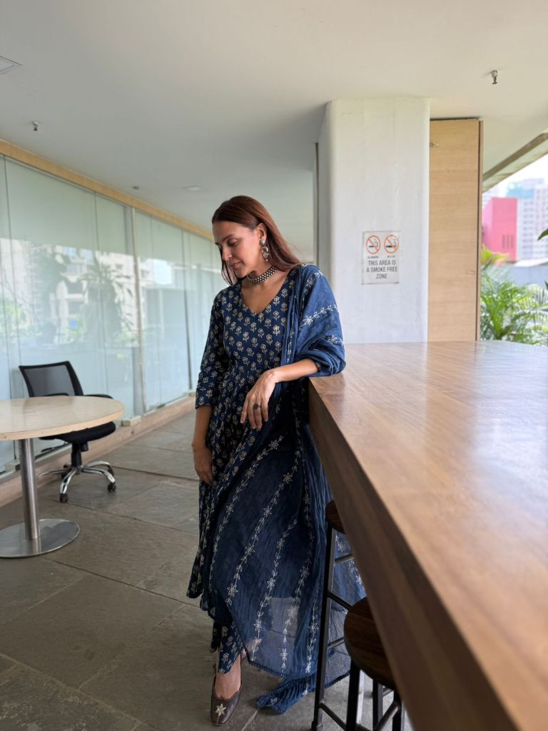 Bagru Blue Anarkali Set